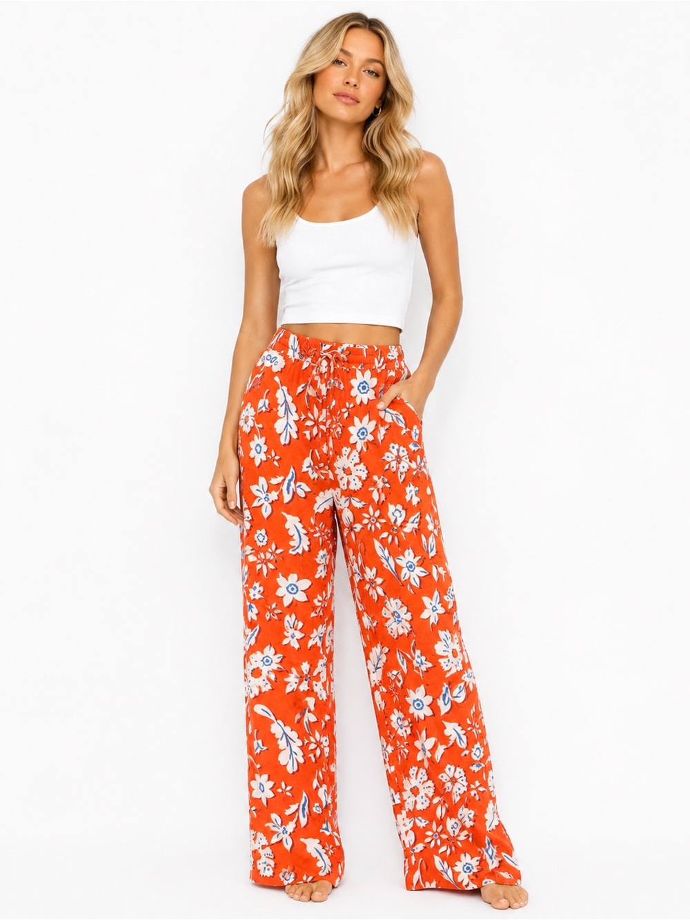 Zara Size Medium Floral Wide-Leg Drawstring Pants - Orange Red